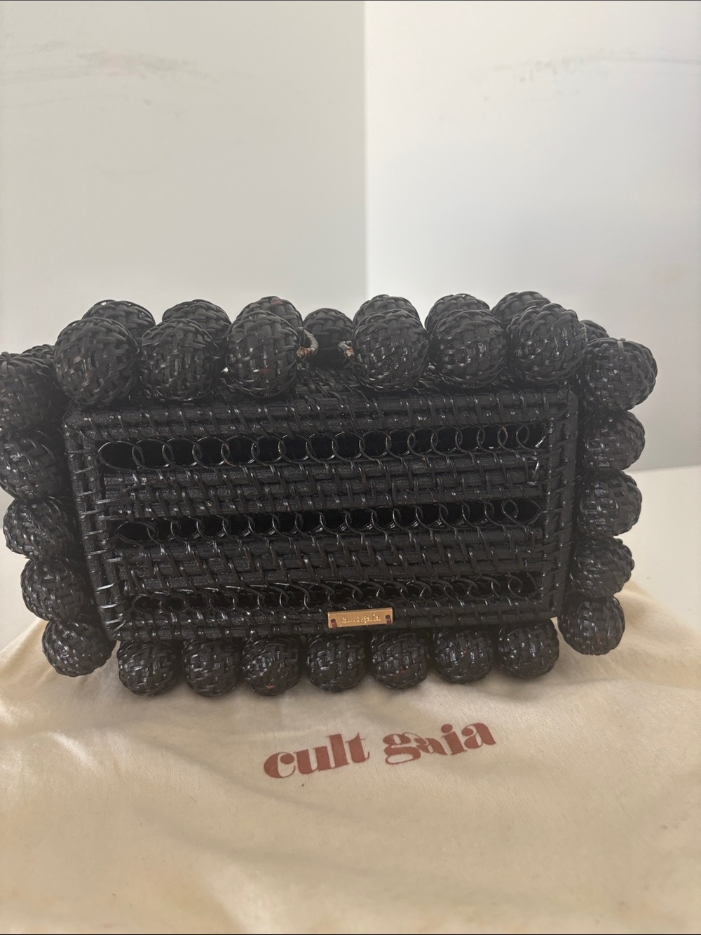 cult gaia Black Woven Beaded Box Clutch with Braided Detail